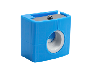 A blue plastic object with a circular opening, likely for cable management