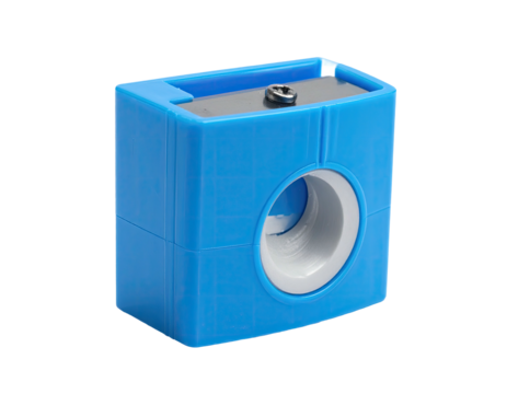 A blue plastic object with a circular opening, likely for cable management