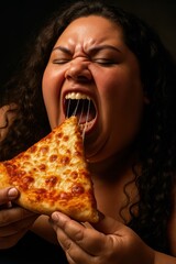Dramatic Vertical Shot of Biting into Pizza with Long Cheese Strands