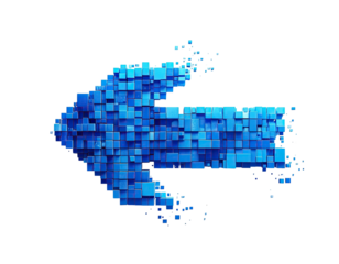 Blue arrow made of pixelated cubes pointing left on a black background