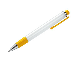 White and yellow pen with metal tip, clip, and textured grip; isolated