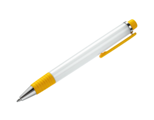 White and yellow pen with metal tip, clip, and textured grip; isolated