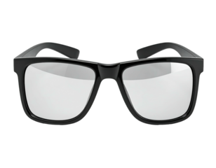A pair of thick-framed, square glasses with clear lenses against a black background