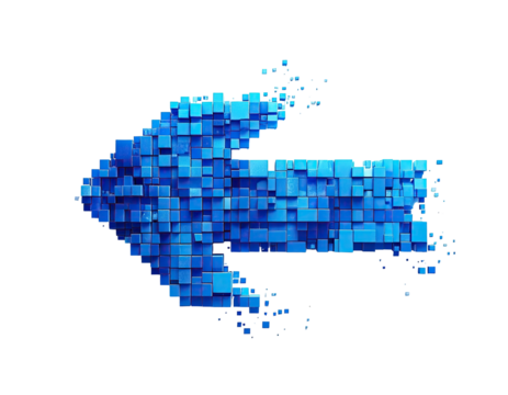 Blue arrow made of pixelated cubes pointing left on a black background