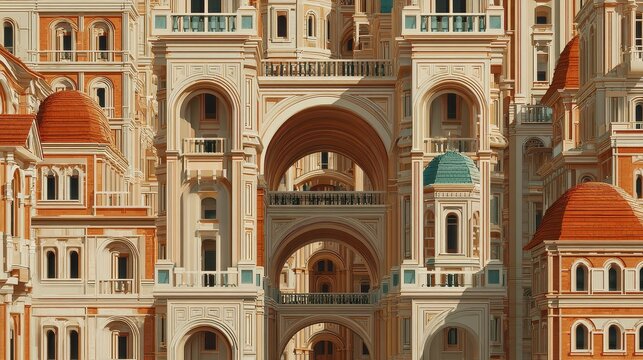 Fantastical Ornate Cityscape with Arches, Balconies, and Architectural Details