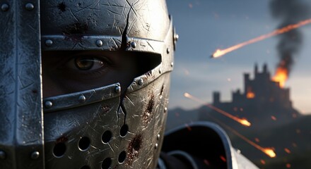 Close-up of a medieval knight's eye during a fiery castle siege