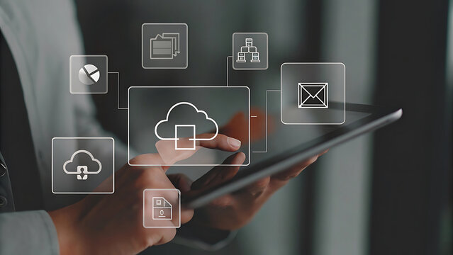 Tablet showing holographic cloud storage system interface - Powered by Adobe