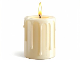 Ivory candle melting with a bright flame on white