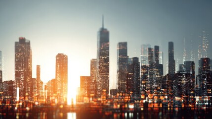 Obraz premium City Skyline at Sunset with Golden Light Reflecting