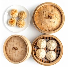 Steamed buns, two bamboo baskets, plate. Top-down view