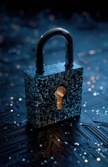 A digital lock sits prominently on a glowing circuit board, illuminating the surrounding patterns with a sense of security. The design emphasizes technology and protection.