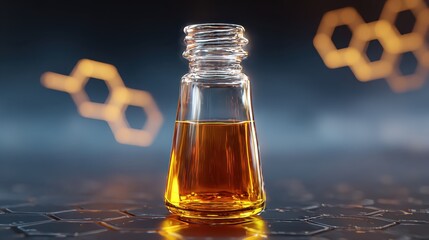 Clear Glass Bottle with Yellow Liquid Against a Dark Background
