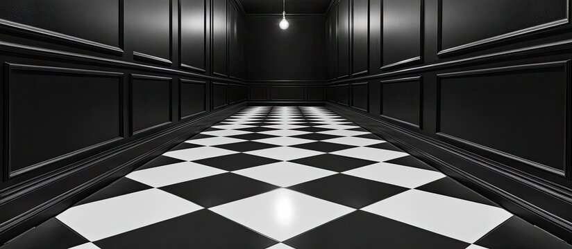 Dark hallway, checkered floor, single lit bulb
