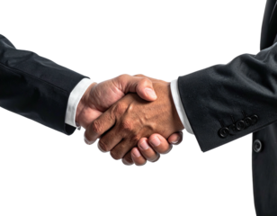 Two individuals in suits shaking hands against a black background