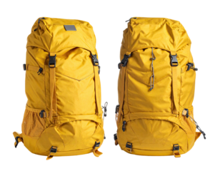 Two golden backpacks; one faces front, the other angled, straps, pockets, and clips visible