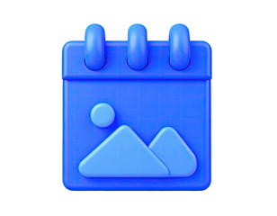3D blue calendar icon with picture symbol, on black background