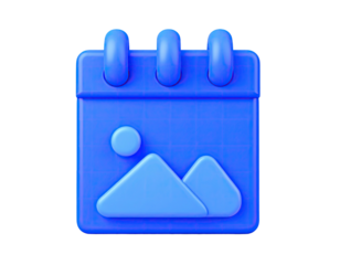 3D blue calendar icon with picture symbol, on black background