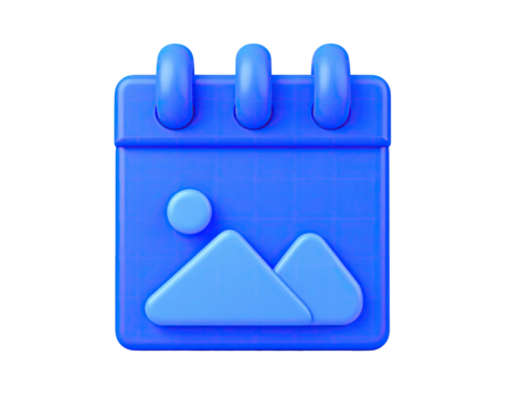 3D blue calendar icon with picture symbol, on black background