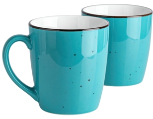 Two matching aqua-blue ceramic mugs, speckled with brown, against a white backdrop