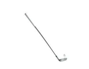 Silver golf club angled toward a white ball against a solid black backdrop