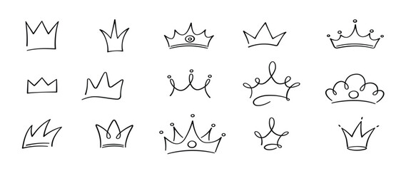 Hand drawn doodle crowns set. King crown sketches, majestic tiara, king and queen royal diadems. Vector illustration isolated in doodle style vector