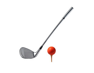 A golf club angled towards a red ball on a tee against a stark black background