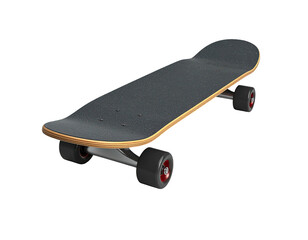 A 3D rendering of a skateboard against a black background, angled view