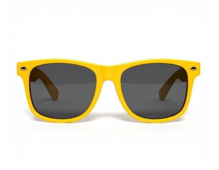 Bright yellow sunglasses on a white surface, front view