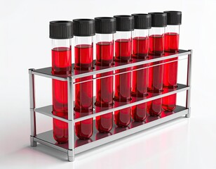 Blood samples in test tubes stand in a metal rack