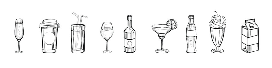 hand drawn drinks set alcoholic and nonalcoholic vector illustration