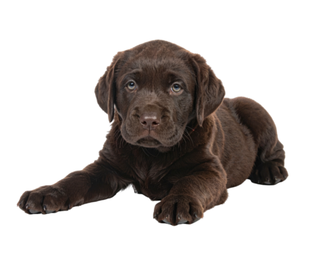 Adorable chocolate-colored puppy lying down, gazing with innocent eyes