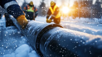 Workers repairing a pipeline in snowy conditions during sunset in a winter landscape