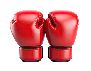 Two bright red leather boxing gloves, seen up close, isolated on a black background