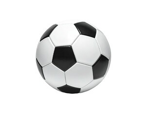 A classic black and white soccer ball, isolated against a stark black background