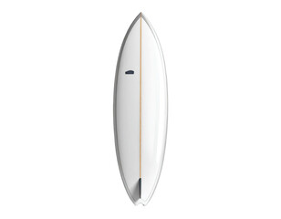 A sleek white surfboard, top-down view, set against a stark black background