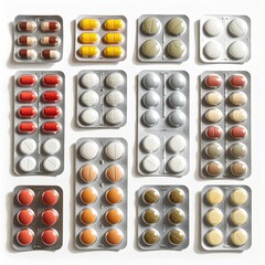 Various pills & capsules in foil blister packs, arranged