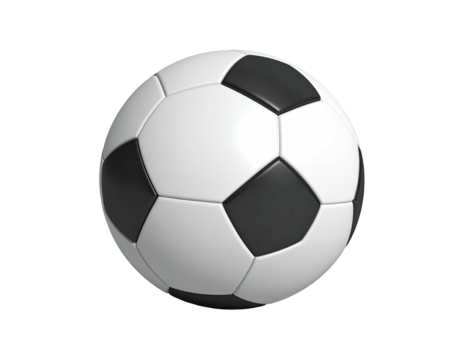 A 3D rendered soccer ball, black and white, on a black background