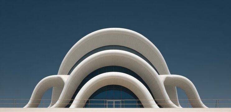 Striking contemporary architecture featuring elegant curved arches against a blue sky. - Powered by Adobe