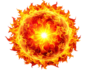  Fiery Red and Yellow Flame Ball with Intense Glow, Front View, Isolated on Transparent Background 