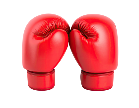 Two shiny, bright red boxing gloves, touching, on a black background, studio-lit