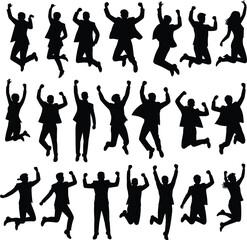 Business people silhouettes jumping with joy, successful men and women in suits celebrating, corporate achievement, happiness and energetic teamwork illustration