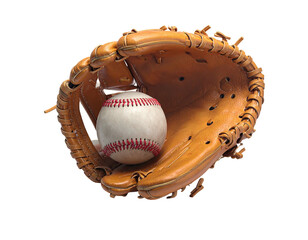 A close-up image of a baseball resting inside a worn, brown baseball mitt