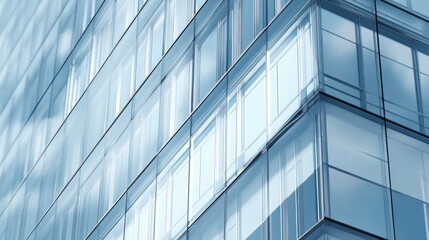 Fototapeta premium Close-up of a modern glass building corner reflecting blue sky