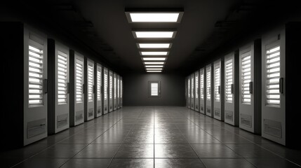 Modern data center hallway with servers and bright ceiling lights