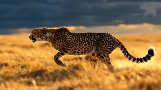 Cheetah running across golden plains under dramatic cloudy sky