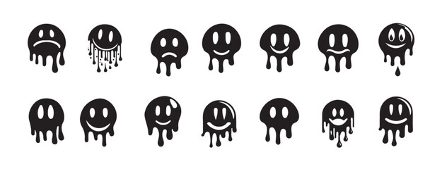 hand drawn melting smiley faces silhouette set doodle vector illustration