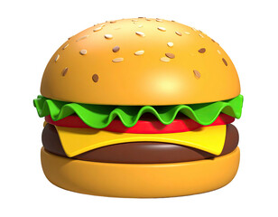 A 3D rendered burger with sesame seeds, cheese, tomato, and lettuce