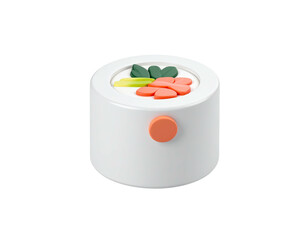 3D rendering of a stylized sushi roll with vegetable toppings and a black background