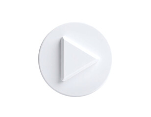 A white, raised play button inside a circular, raised frame, against a black backdrop
