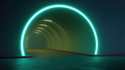 Naklejka premium Futuristic Tunnel with Neon Light Glowing in a Dark Space